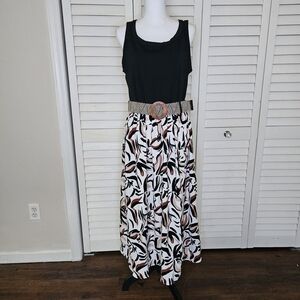 Fred David Maxi Dress Size L Sleeveless Belted Elastic Waist Black Print NWT